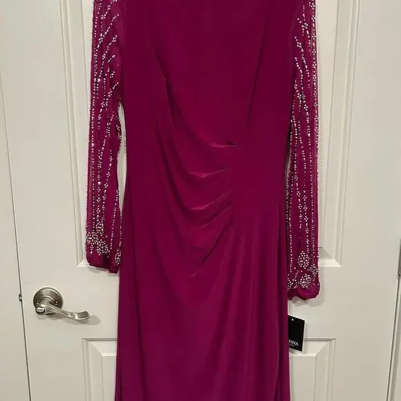 Marina Beaded Mesh Long Sleeve Side Drape Dress Size 8 - Picture 2 of 9